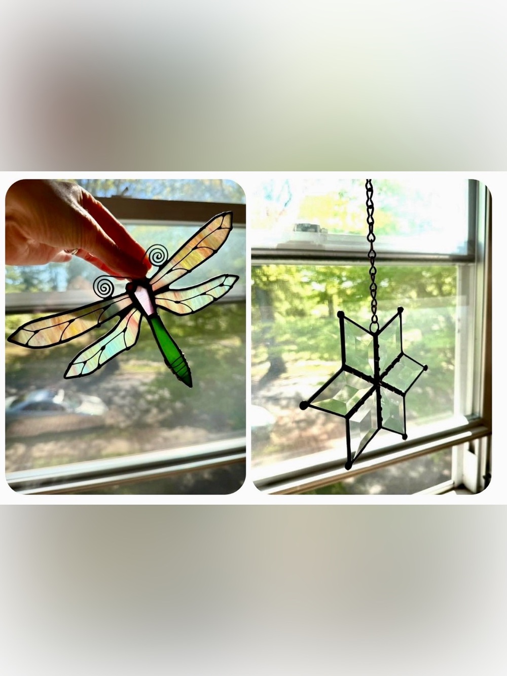 Lot of Two suncatchers Dragonfly & handcrafted Star Window Art Accents